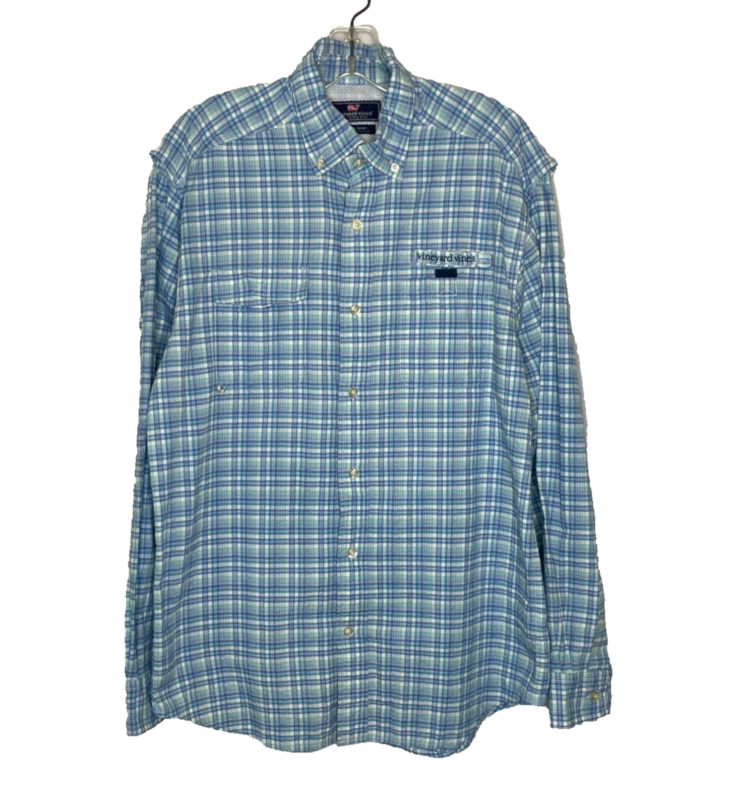 Men's Medium Vineyard Vines Blue Plaid Outdoor Harbor Shirt Nylon Button Down